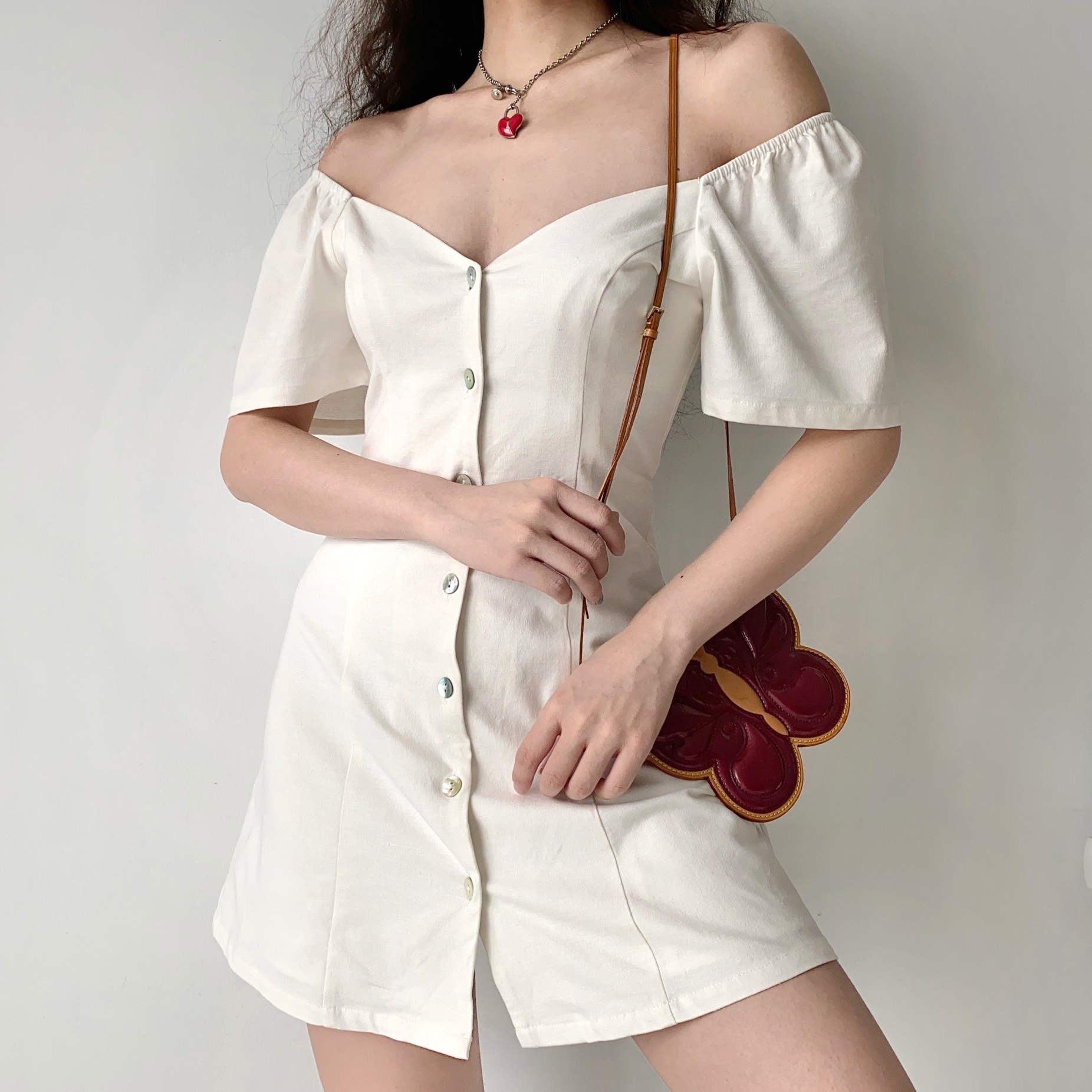DIY French Vintage V-Neck Short Sleeve A-Line White Dress for Women - Plus Size, Chic Casual Style