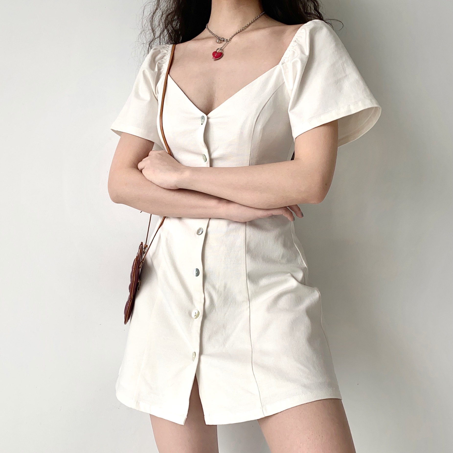 DIY French Vintage V-Neck Short Sleeve A-Line White Dress for Women - Plus Size, Chic Casual Style