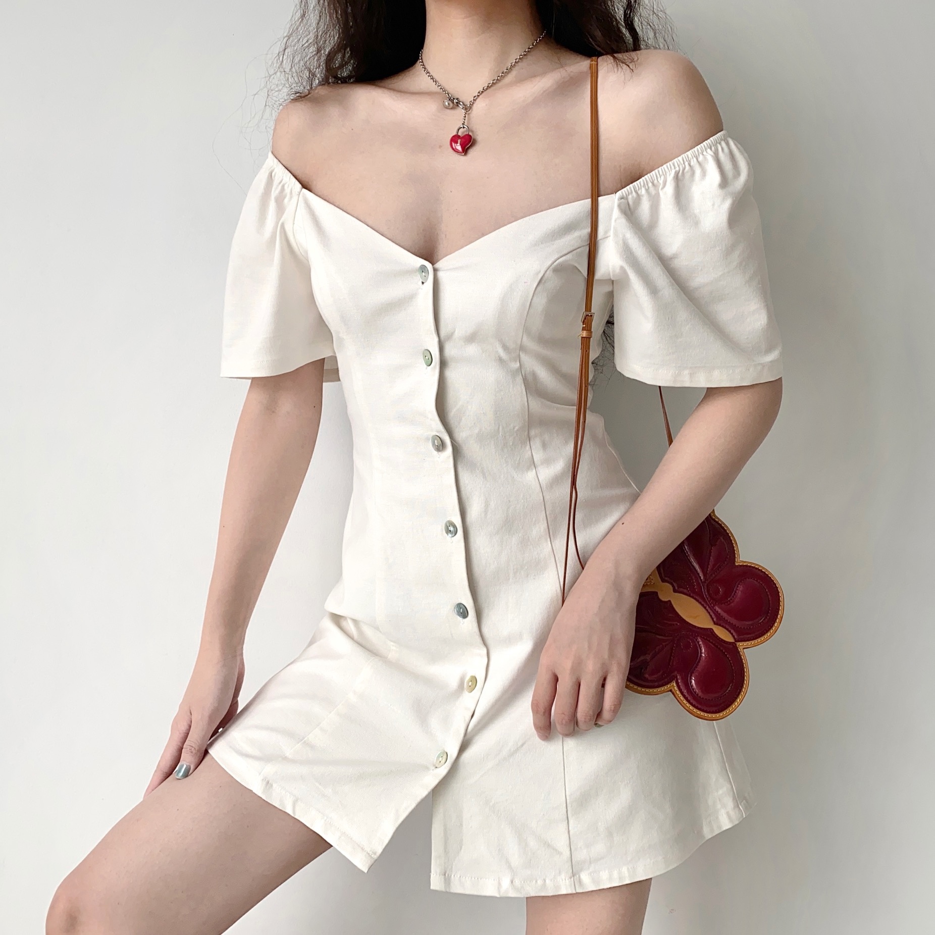 DIY French Vintage V-Neck Short Sleeve A-Line White Dress for Women - Plus Size, Chic Casual Style