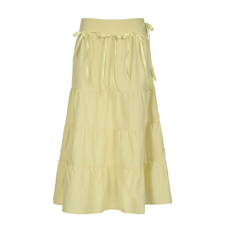 Dopamine Color Fresh Yellow A-Line Long Skirt for Girls with Butterfly Tie Splicing - Trendy Y2K Style