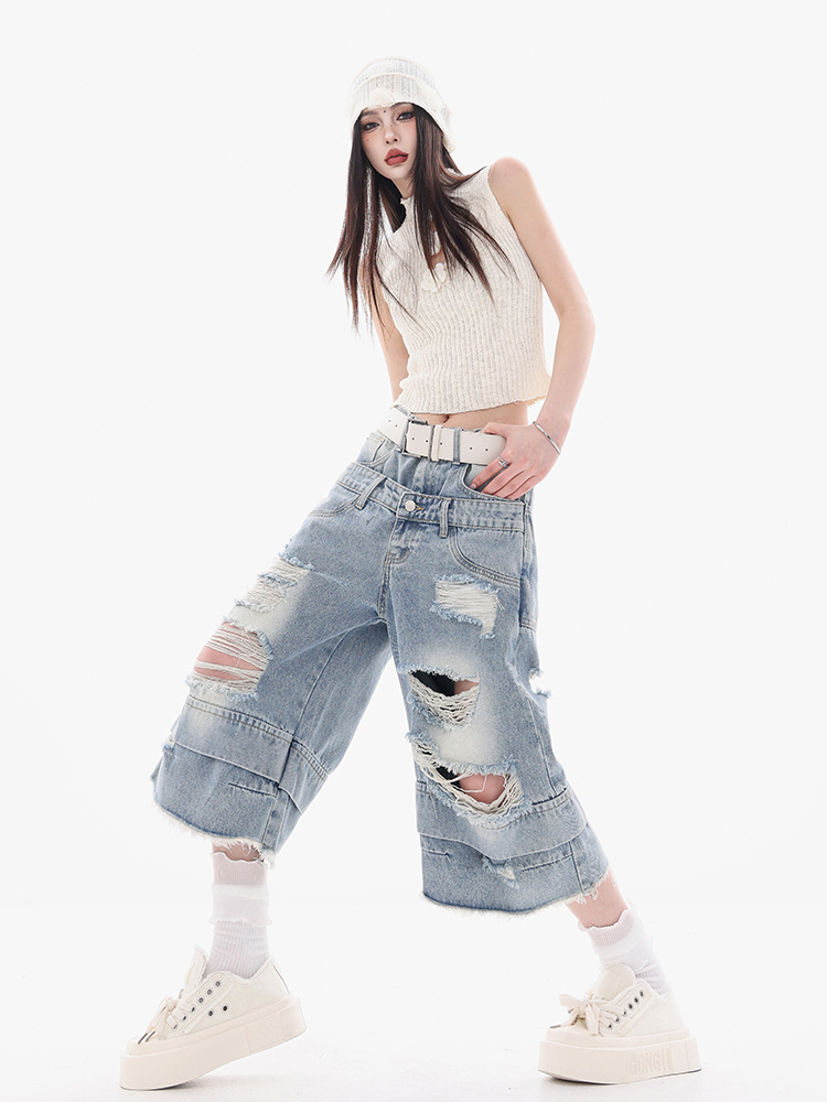 Double Waist Hole Washed Denim Shorts for Women - Loose Wide-Leg 90s Style Casual Summer Shorts
