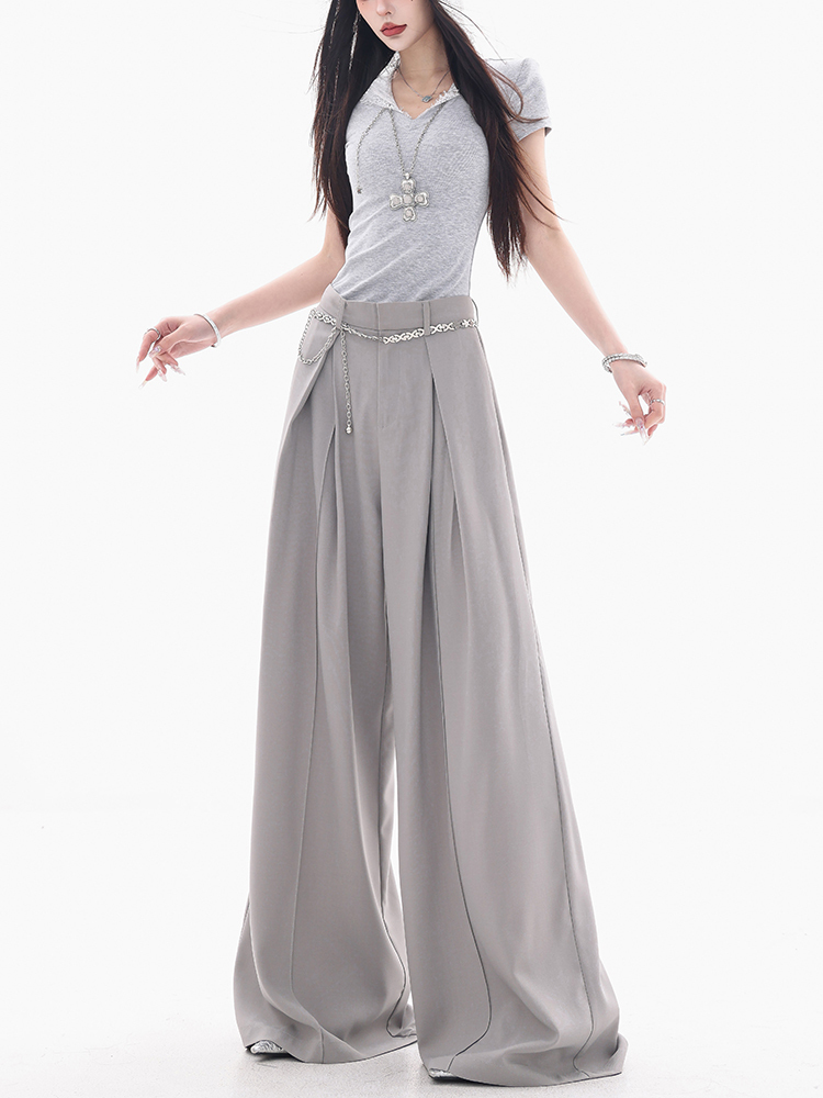 Draped Gray Wide-Leg Suit for Women - Lightweight Loose Fit Summer 2025, Trendy 90s-Inspired Fashion, Perfect for Casual Outings