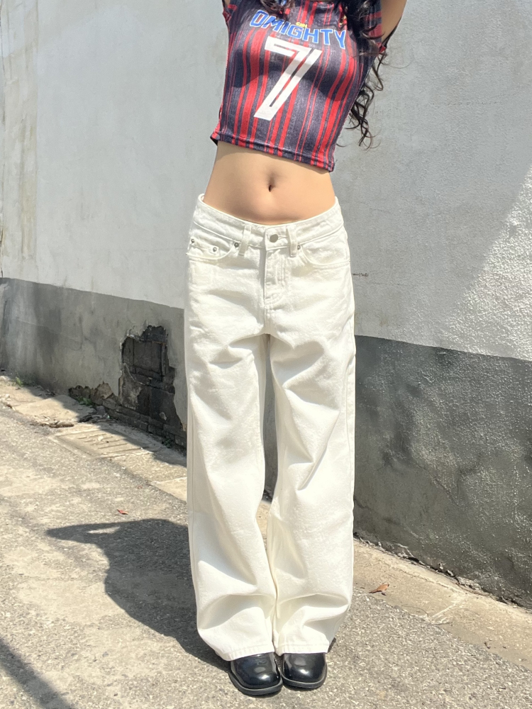 Draped White Straight-Leg Low-Rise Floor-Length Jeans for Women - American Vintage 2025 Style