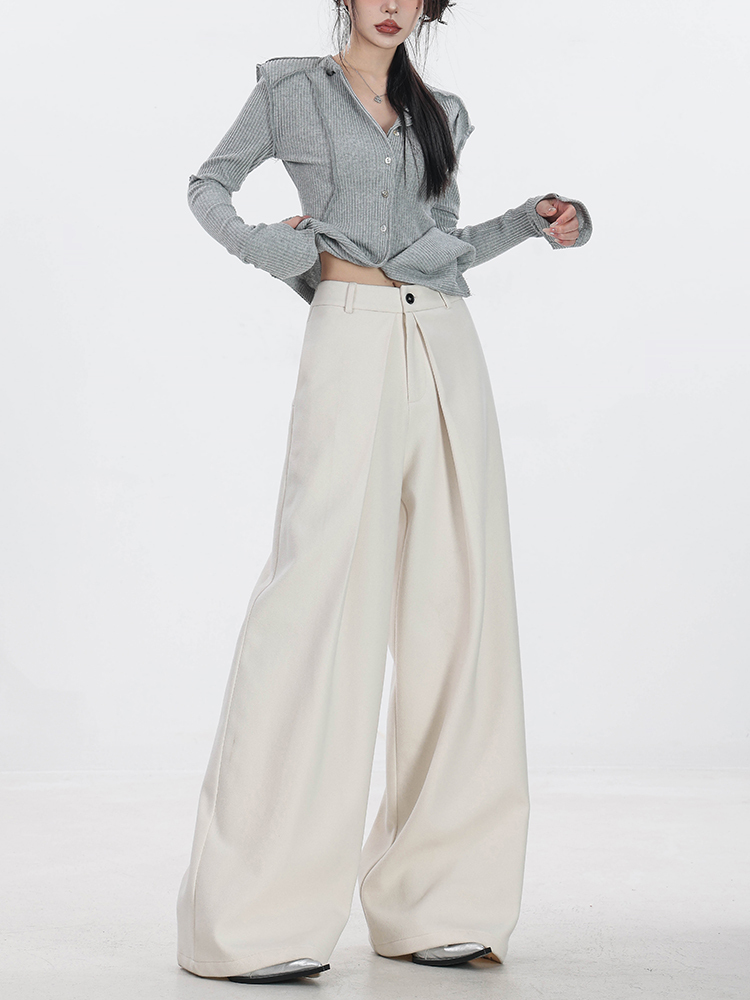 Draped Woolen Wide-Leg Pants for Women - Thick Straight-Leg Casual Trousers for Autumn and Winter, Urban Style Fashion