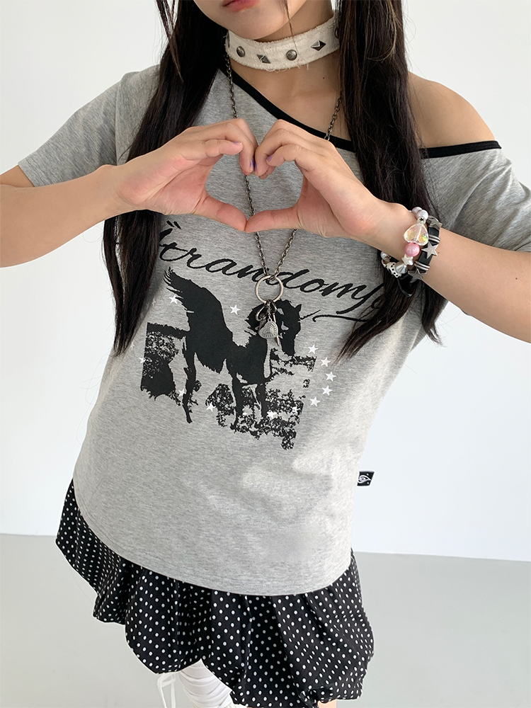 Dream Horse Print Color-Block Asymmetrical One-Shoulder T-Shirt for Women - Summer Loose Casual Short Sleeve Top, Y2K Style