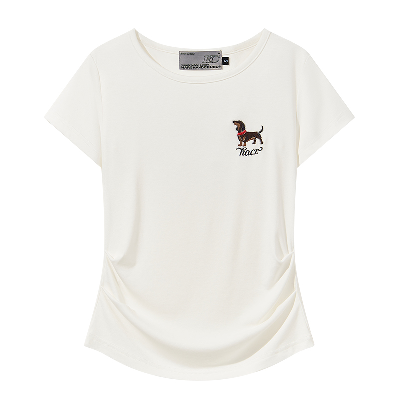 Elastic Knitted Embroidered Puppy Short Sleeve Summer T-Shirt for Women - Slim Fit, Casual Style, Perfect for 90s and Y2K Fashion