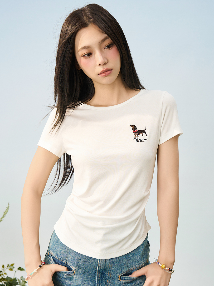 Elastic Knitted Embroidered Puppy Short Sleeve Summer T-Shirt for Women - Slim Fit, Casual Style, Perfect for 90s and Y2K Fashion