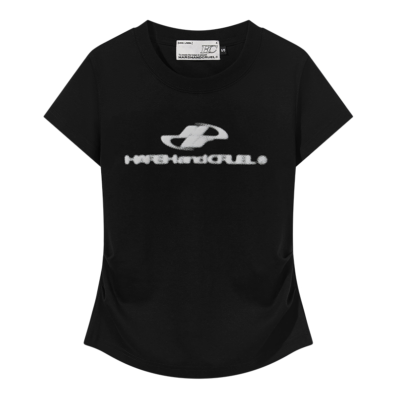 Elastic Knitted Logo Short-Sleeve Summer T-Shirt for Women - Slim Fit Casual Top, Perfect for 90s and Y2K Styles