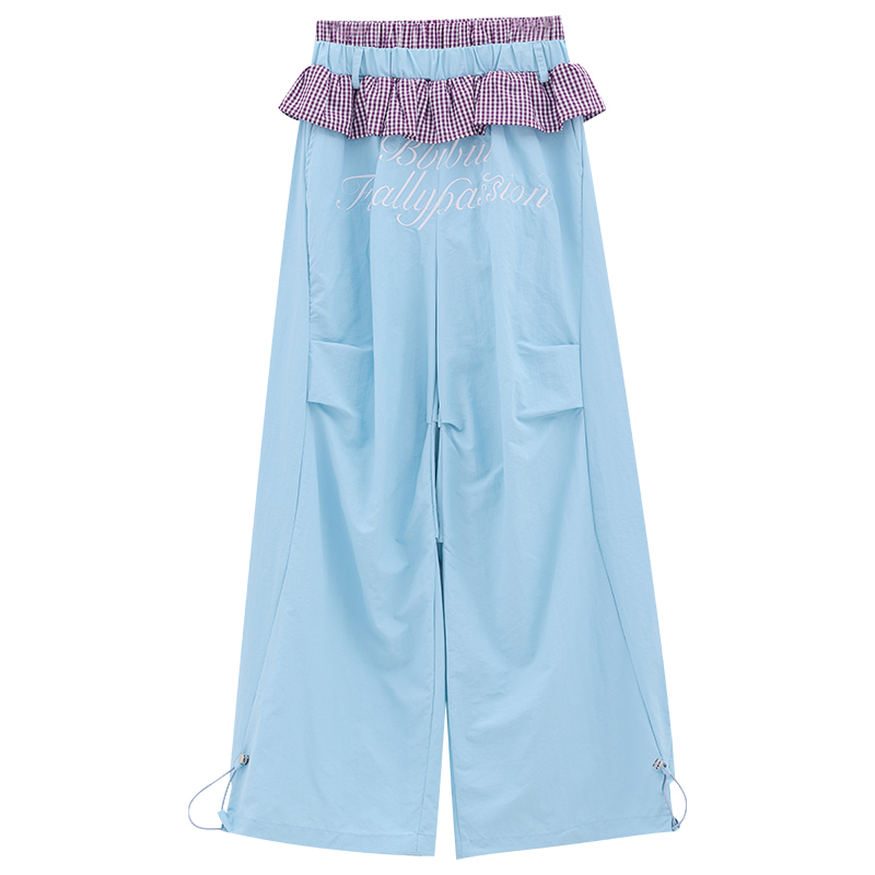 Elastic Waist Plaid Lace Casual Pants for Women - Summer Loose Floor-Length Ripple Wind Chime Style, Perfect for Y2K Fashion