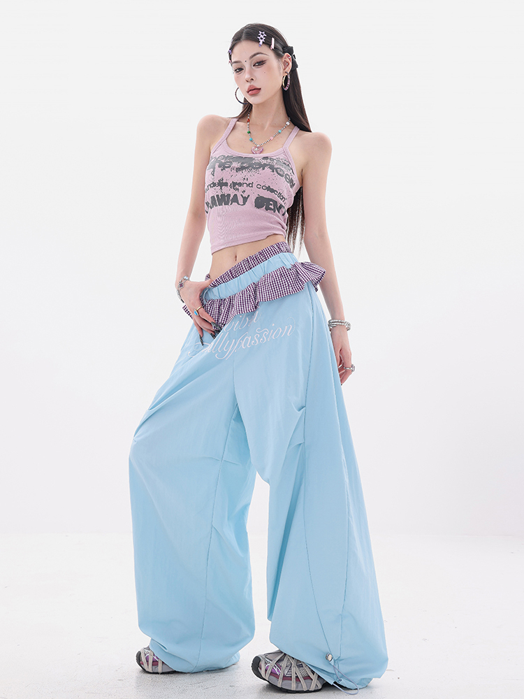 Elastic Waist Plaid Lace Casual Pants for Women - Summer Loose Floor-Length Ripple Wind Chime Style, Perfect for Y2K Fashion