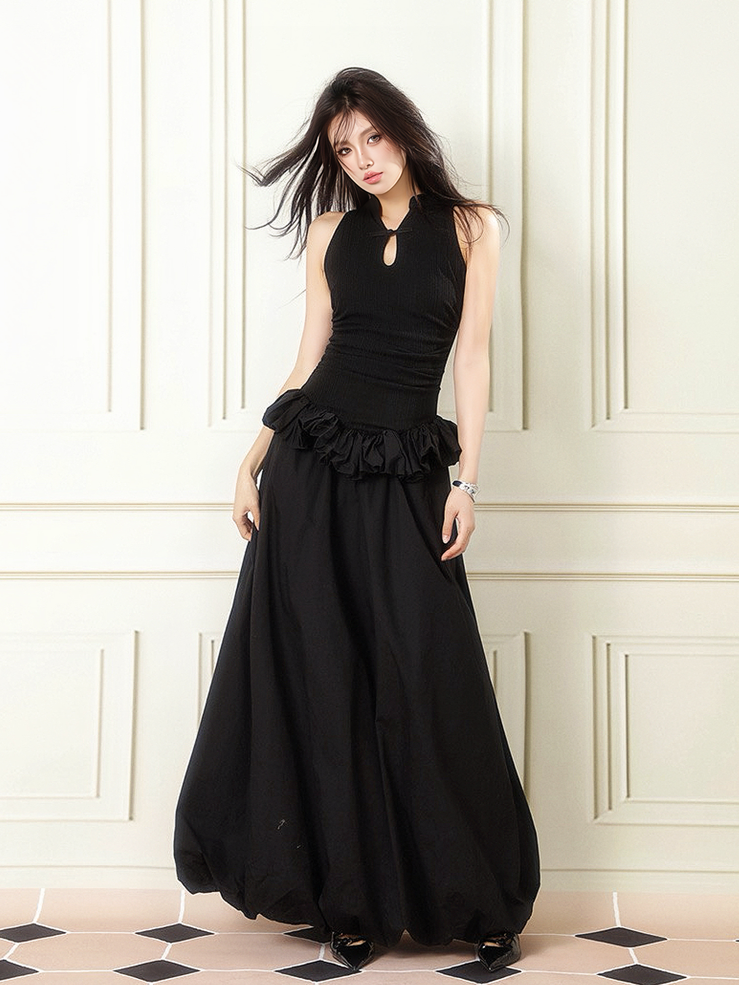 Elegant Black Chinese Style Buttoned Puff Long Skirt - Slimming Hollow-Out Design, Perfect for Formal Ceremonies and Events
