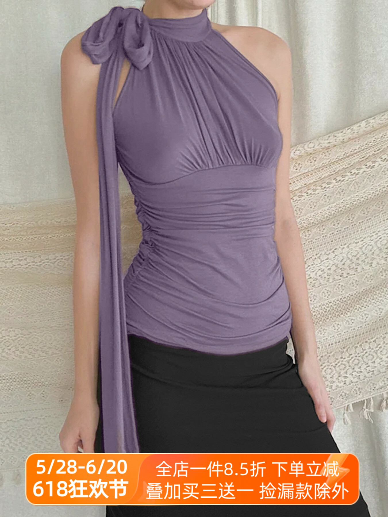 Elegant Charm Butterfly Knot Sleeveless Off-Shoulder Top for Women - Solid Color Pleated Asymmetrical Blouse, Perfect for Y2K Style