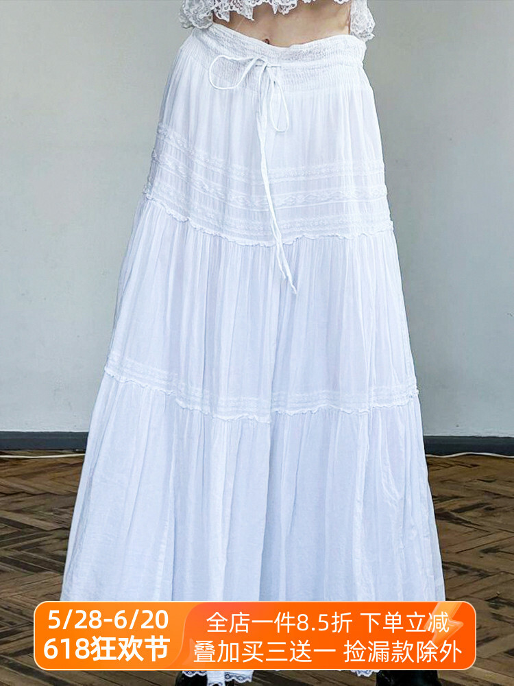 Elegant French White A-Line Long Skirt for Women with Lace Trim, Tie Waist, and Flared Hem - Chic Summer Fashion