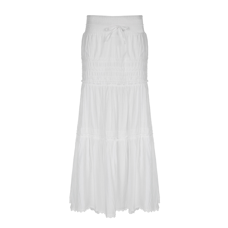 Elegant French White A-Line Long Skirt for Women with Lace Trim, Tie Waist, and Flared Hem - Chic Summer Fashion