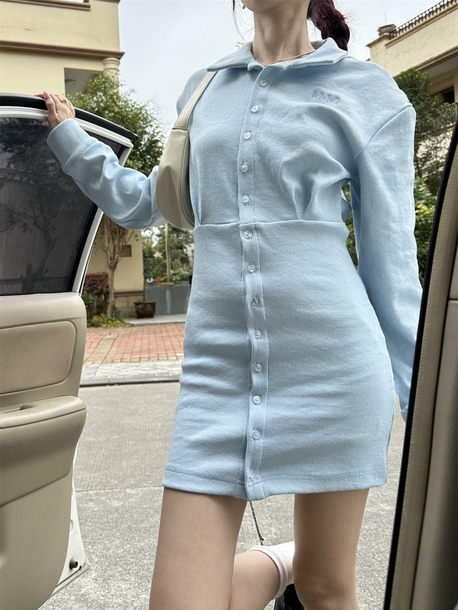 Elegant Polo Dress with Waist-Cinching and Bodycon Skirt in Organic Cotton - 2025 Spring American Style Long Sleeve Dress
