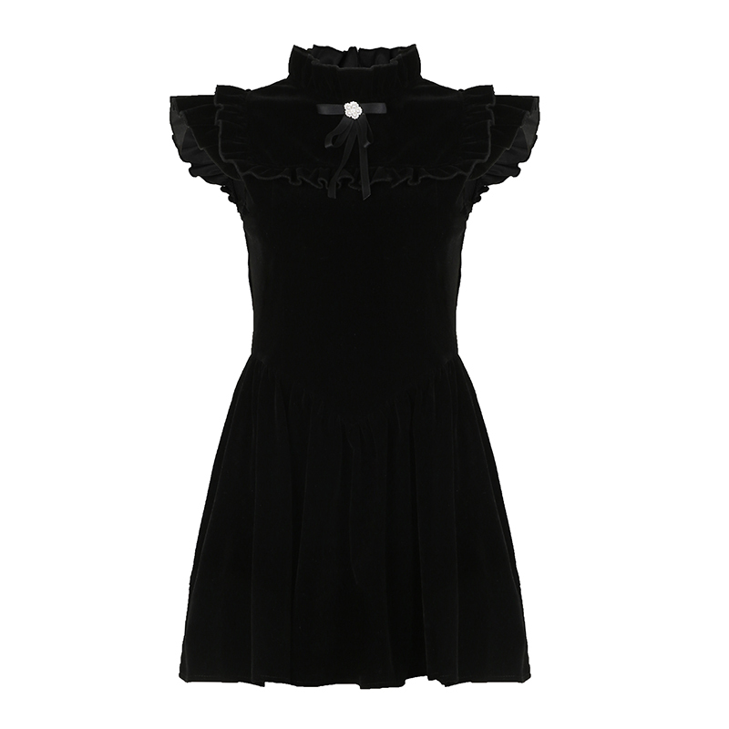 Elegant Velvet Dress with Petal Collar, Sleeveless Design, Waist-Defined Fluffy Skirt, Hepburn Style Little Black Dress for Women