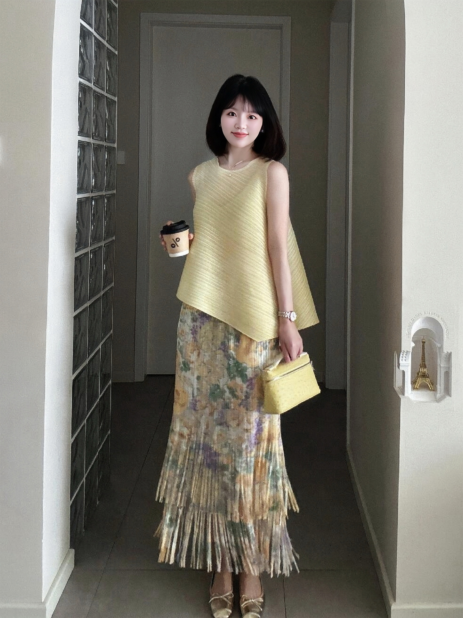 Elegant White Sleeveless Top with Pleated Tassel Skirt - Spring Summer Women's Fashion, Miyake Style, Chic and Trendy Look