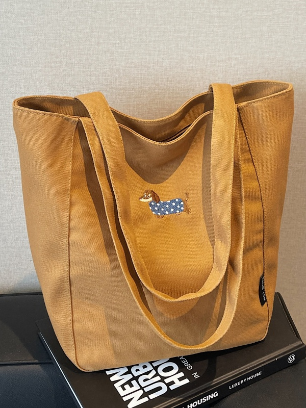 Embroidered Dachshund Canvas Tote Bag for Women, Large Capacity Student Shoulder Bag, Casual Versatile Commuter Style