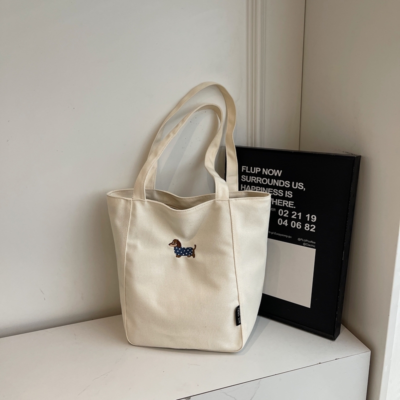 Embroidered Dachshund Canvas Tote Bag for Women, Large Capacity Student Shoulder Bag, Casual Versatile Commuter Style