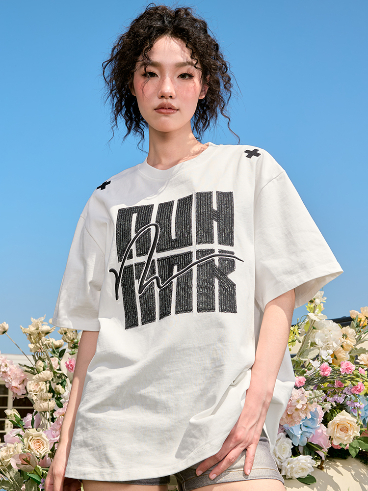 Embroidered Heavyweight Streetwear Letter T-Shirt - American Vintage Loose Fit Short Sleeve Unisex Summer 2025 Fashion