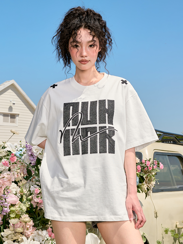 Embroidered Heavyweight Streetwear Letter T-Shirt - American Vintage Loose Fit Short Sleeve Unisex Summer 2025 Fashion