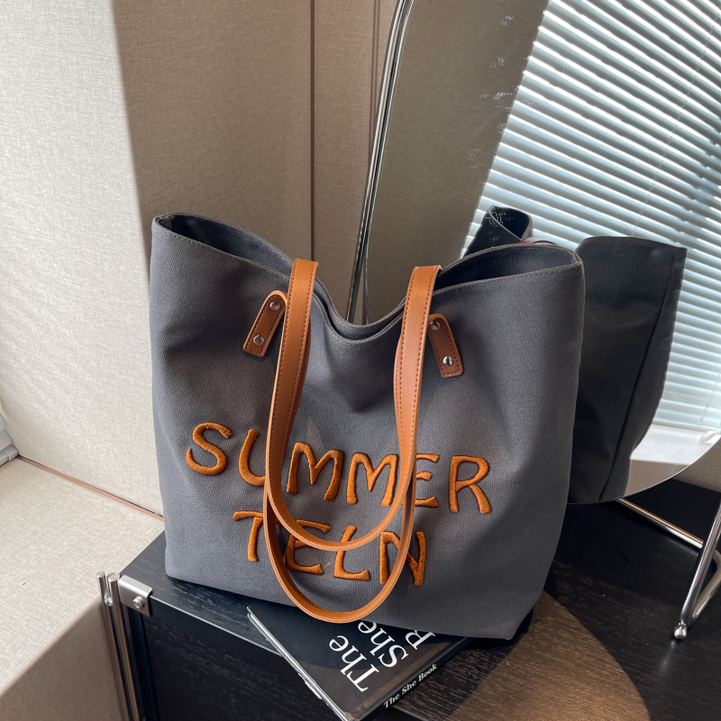 Embroidered Letter Canvas Tote Bag for Women - Large Capacity Commuter Shoulder Bag for College Students - Versatile 2025 Style