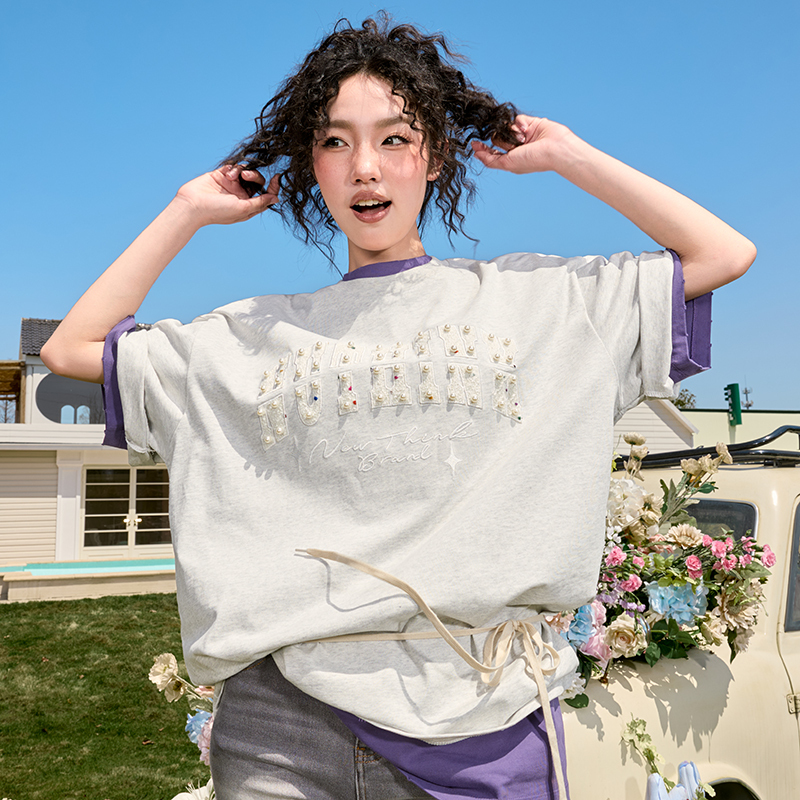 Embroidered Pearl Heavyweight Short Sleeve T-Shirt - Vintage American Style, Loose Fit, Unisex, Trendy Summer 2025 Fashion