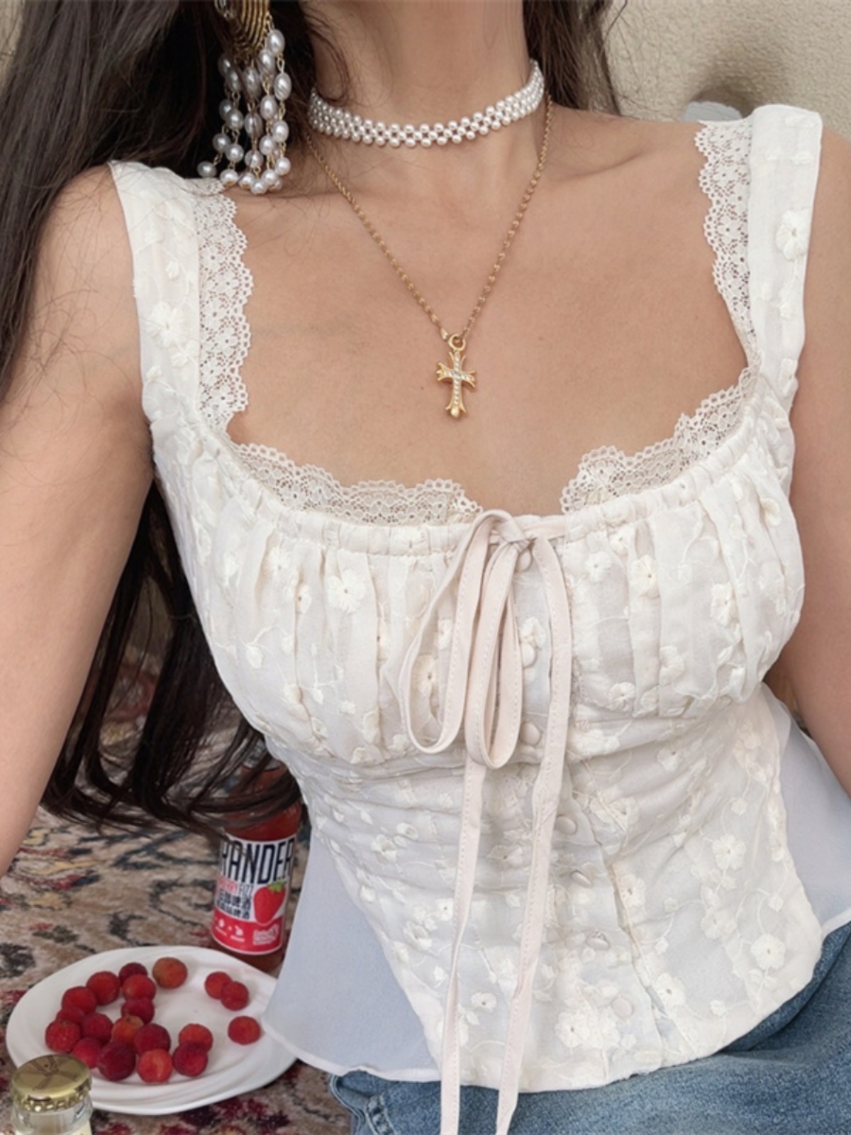Exquisite Handmade Embroidered Hollow Cotton Vintage Tie-Waist Camisole for Women - French Romantic Vacation Style