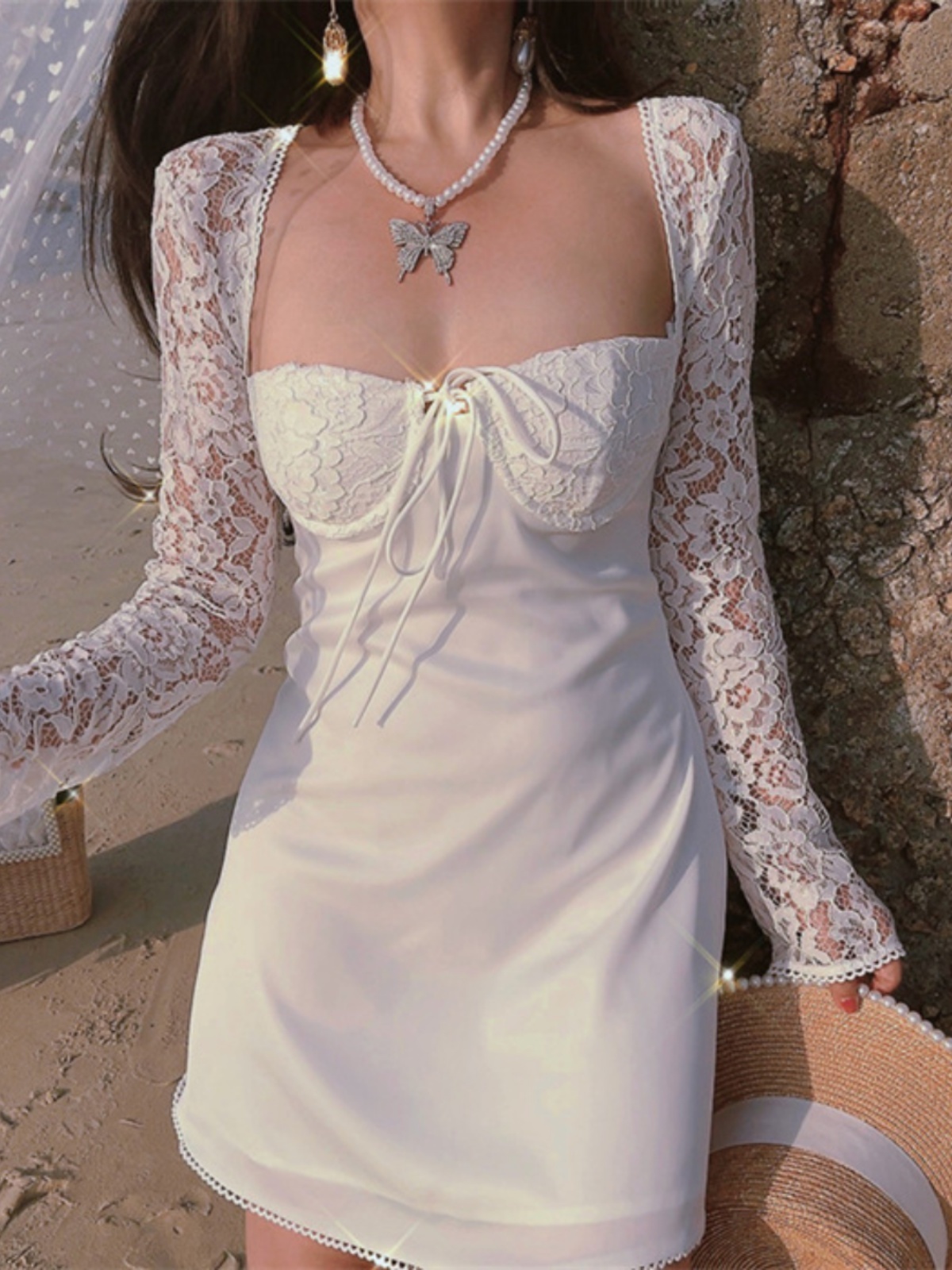 Exquisite Heavy-Duty Fairy French Lace Square Neck Tie Dress - 2024 Spring/Summer Vacation Style, Perfect for Y2K and Romantic Looks