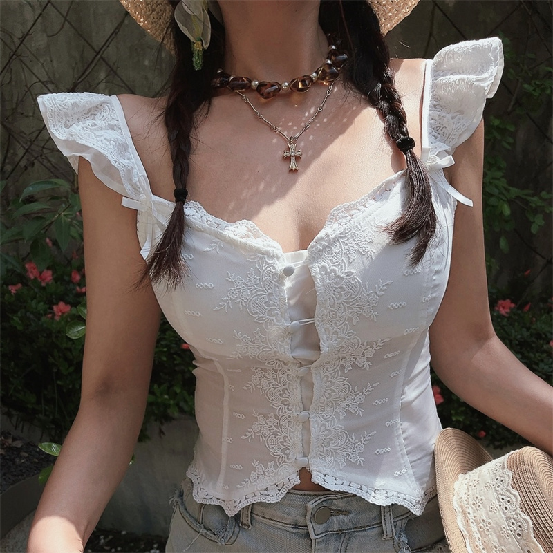 Exquisite Lace Flutter Sleeve Little White Shirt with Palace Button - Perfect Vacation Top for Chic 90s and Y2K Style