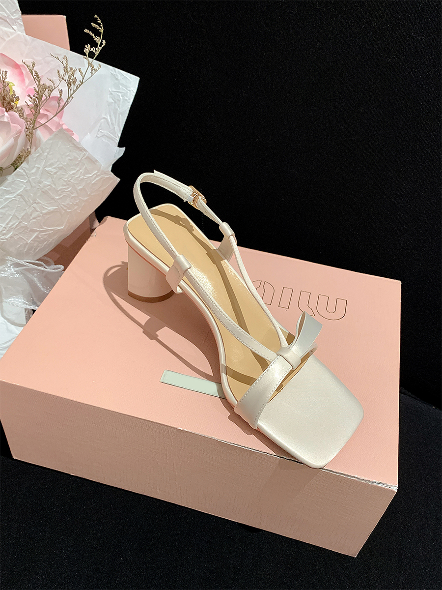 Fairy Square Head Bowknot Chunky Heeled Sandals with One Strap - French Style White Heels for Chic Summer Outfits