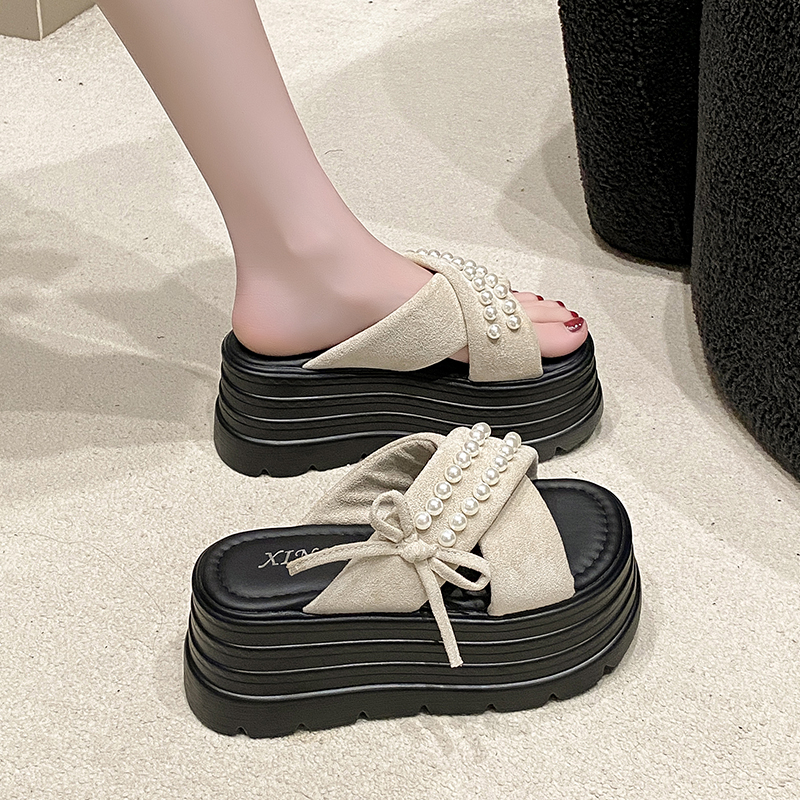 Fairy Style High-End Pearl Thick-Soled Slippers for Women - Summer Outdoor Wear, 9cm Height Increase, Chic One-Word Cool Sandals