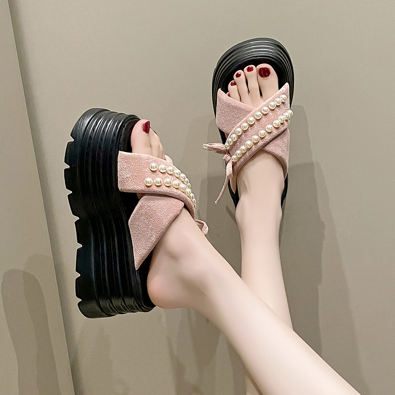 Fairy Style High-End Pearl Thick-Soled Slippers for Women - Summer Outdoor Wear, 9cm Height Increase, Chic One-Word Cool Sandals