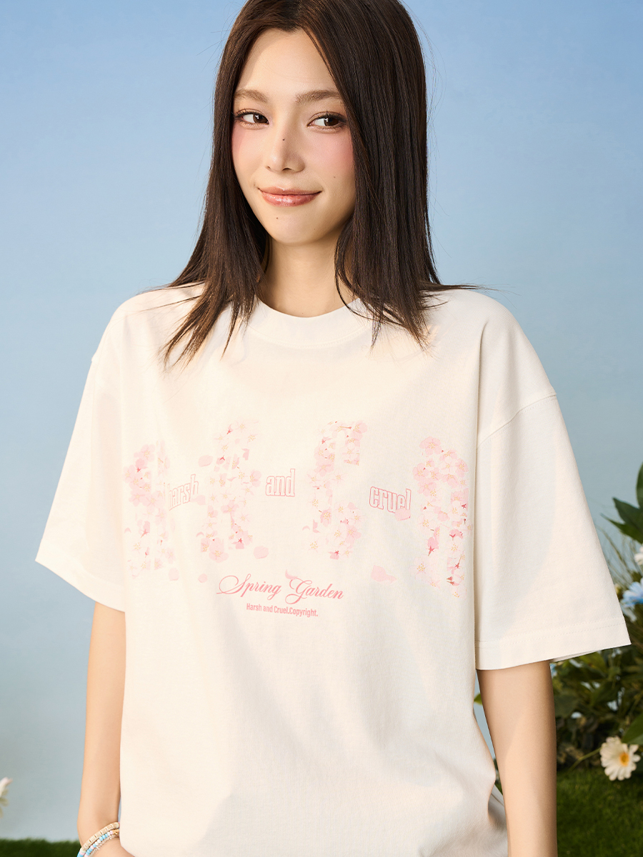 Falling Cherry Blossom Loose Round Neck Short Sleeve T-Shirt for Men and Women | National Trend, Korean Style, Unisex Fashion