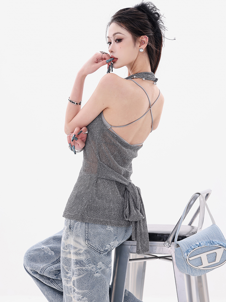 Fishing Sister Style Sleeveless Top for Women - Original Korean Style Bright Diamond Ribbon Design with Waist-Cinching Feature