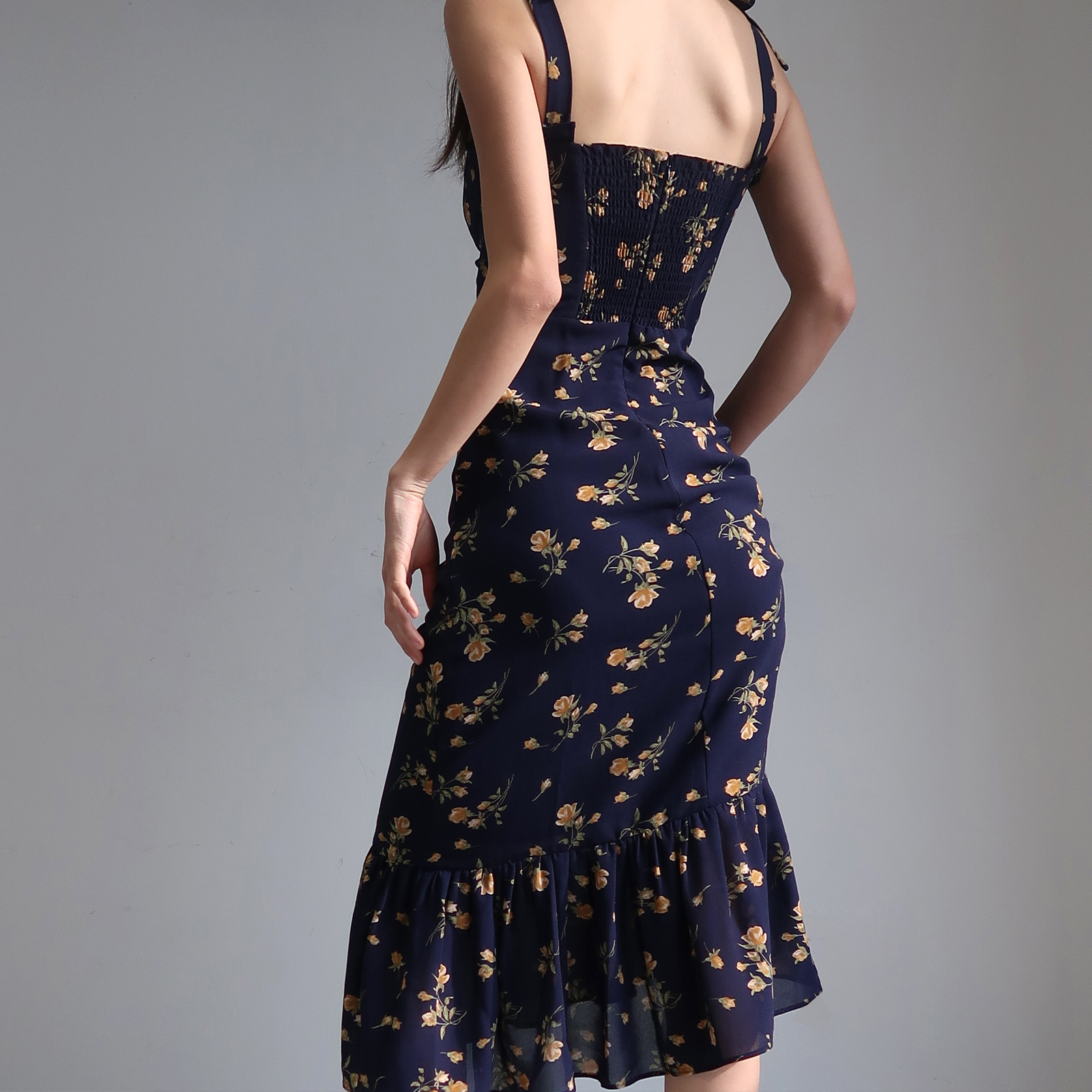 Fitted Floral A-Line Dress with Ruffled Shoulder Ties, Waist Cinching, and Spaghetti Straps - French Style, Knee-Length Fashion