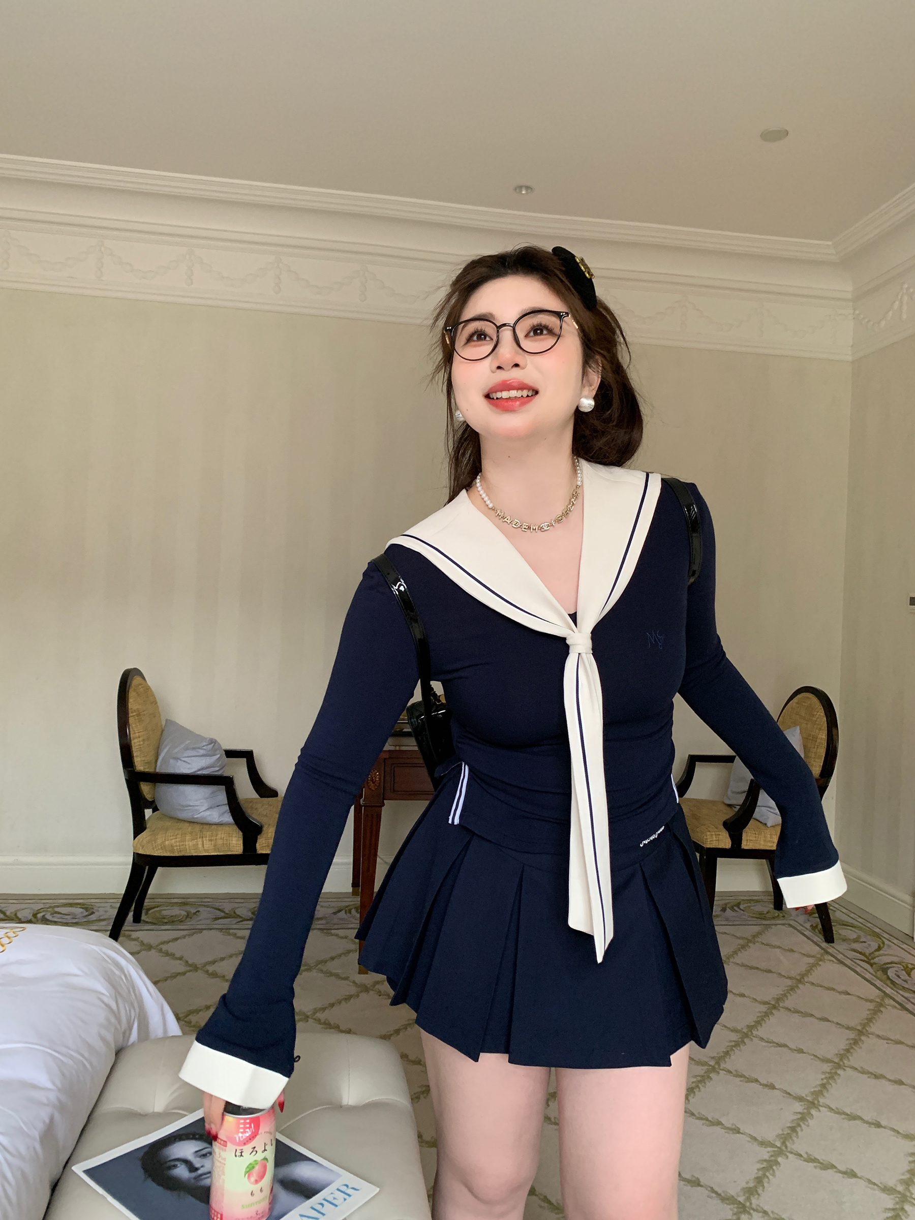 Fitted T-Shirt with Detachable Navy Collar Vest - Tokyo Style Senior Sister Top for a Chic, Slightly Chubby Fit