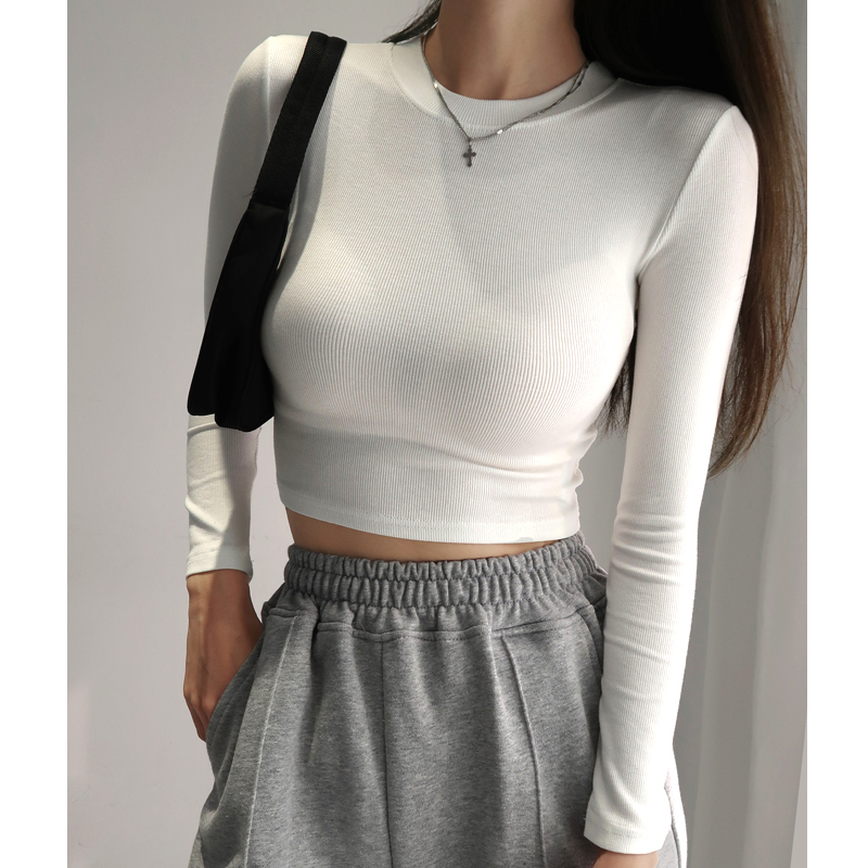 Fitted Vintage American-Style High-Waisted Slim-Fit Long Sleeve T-Shirt for Women - Retro Round Neck Stretchy Top