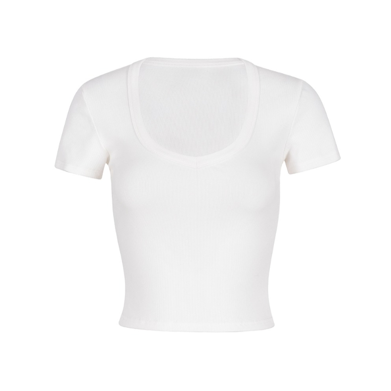 Fitted White T-Shirt for Women, Elastic Black Short Sleeves, Big Chest Accent, Stylish Casual Top, Y2K Fashion