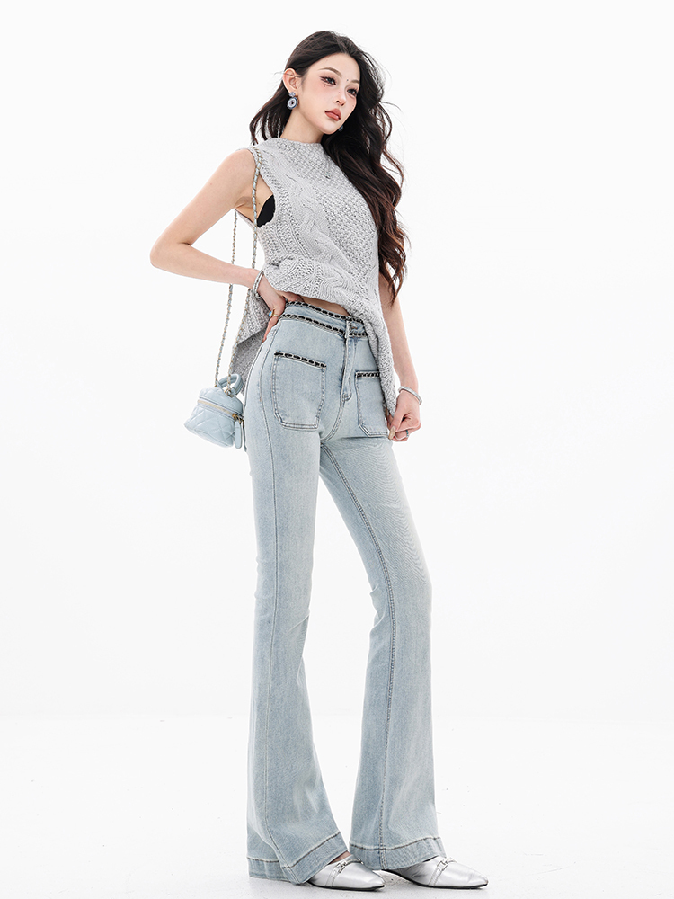 Flared Jeans for Women with Chain Design - Heavy-Duty Slim Fit Spring Fashion, Slightly Flared Pants, Y2K Style