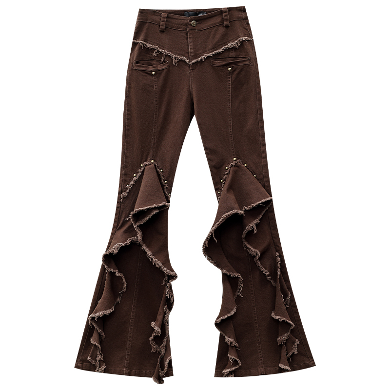 Flared Jeans for Women with Ruffle Edge, Slim Fit, Vintage-Inspired Wasteland Style, Trendy Y2K Fashion