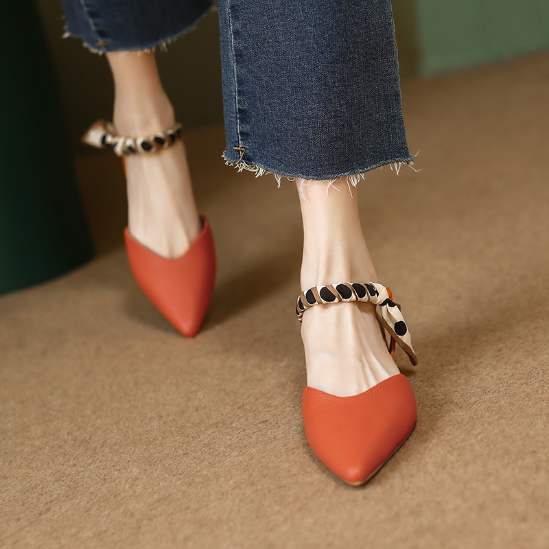 Flattering Genuine Leather Pointed Toe One-Strap Sandals for Women - Summer 2025 Low Chunky Heel Closed-Toe Design