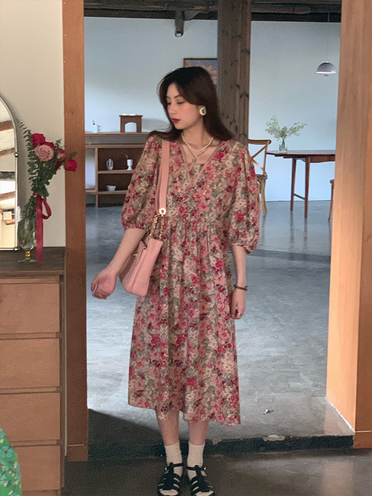 Flora Honey Red Retro Floral Short Sleeve Dress for Women - Summer Puff Sleeve Vintage Style