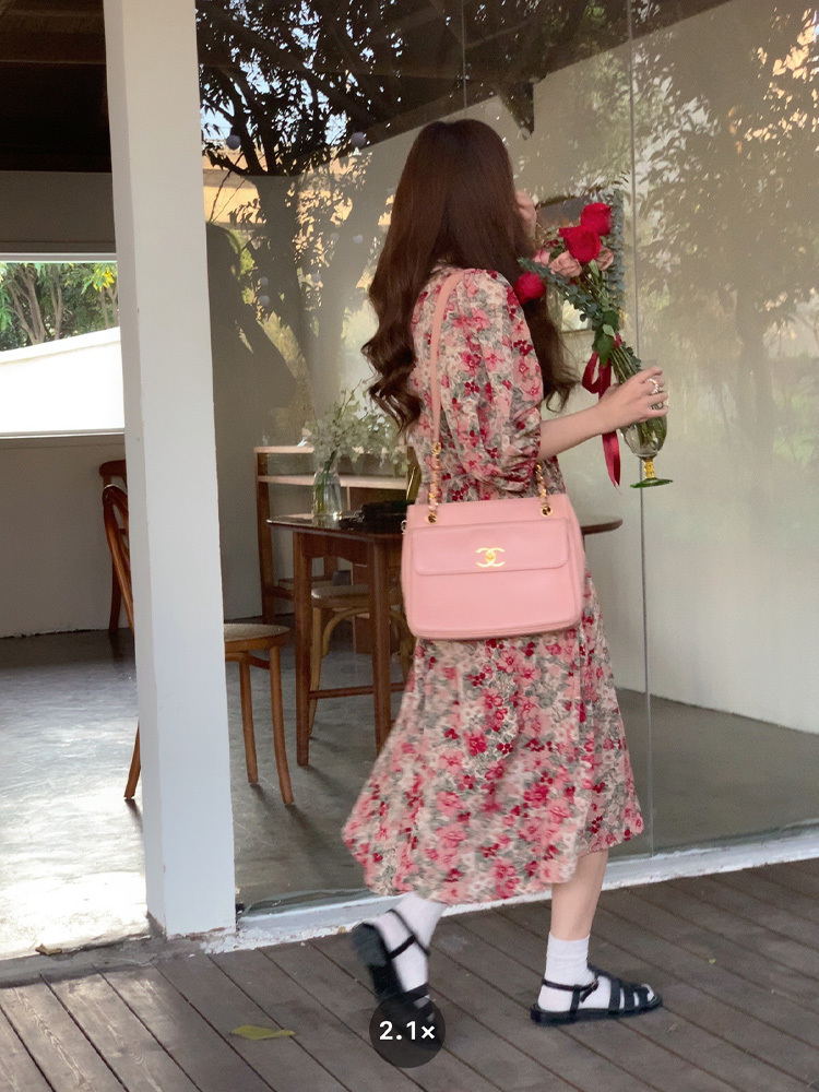 Flora Honey Red Retro Floral Short Sleeve Dress for Women - Summer Puff Sleeve Vintage Style