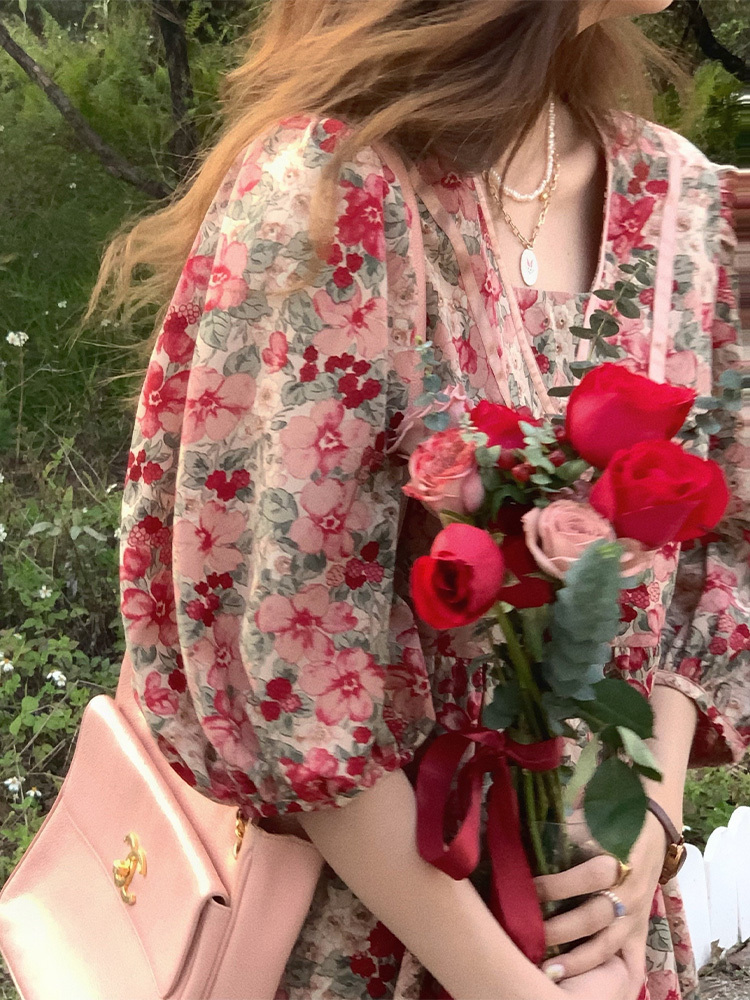 Flora Honey Red Retro Floral Short Sleeve Dress for Women - Summer Puff Sleeve Vintage Style