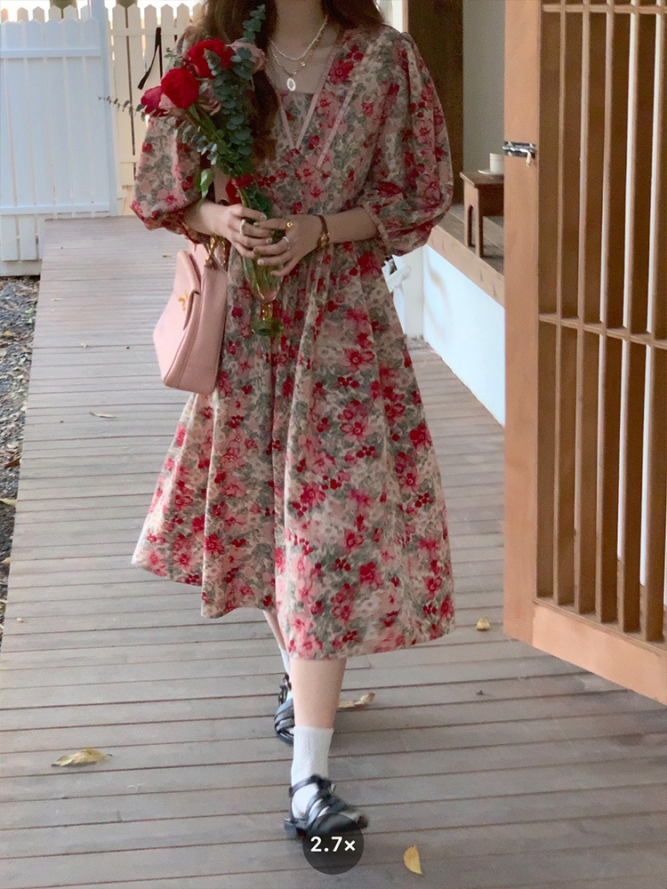 Flora Honey Red Retro Floral Short Sleeve Dress for Women - Summer Puff Sleeve Vintage Style