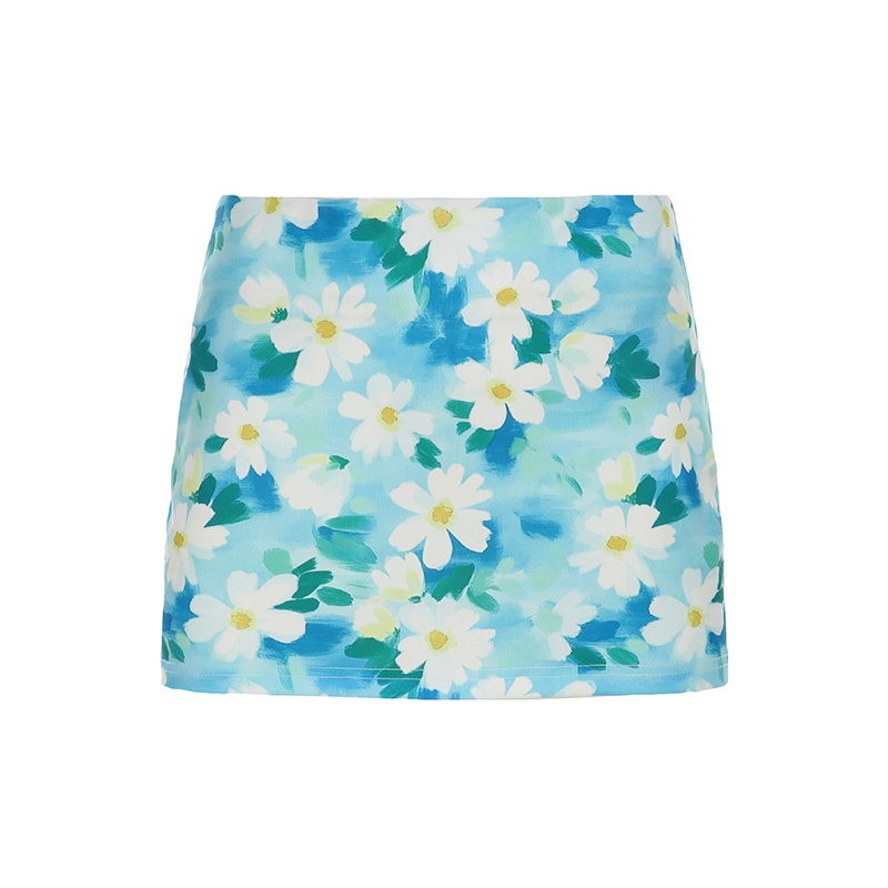 Floral Bodycon Midi Skirt in Blue - Small Daisy Print, Oil Paint Design, Women's Spring Fashion, Fresh & Vibrant Style