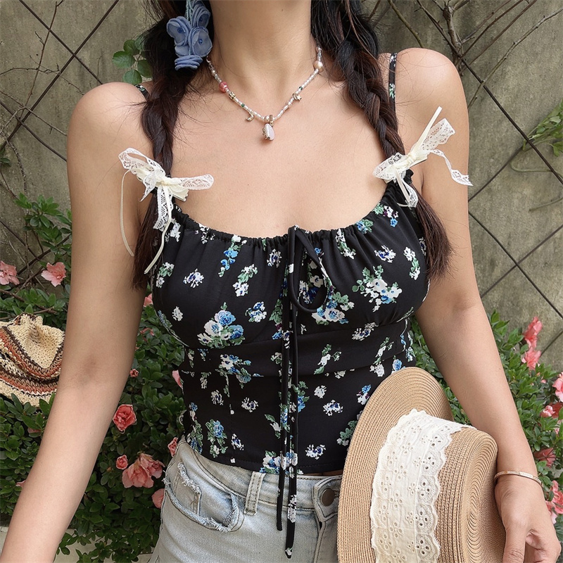 Floral Camisole Top - Handmade Vintage Square Neck Drawstring Strap - Spring/Summer Vacation Style - 90s French Chic