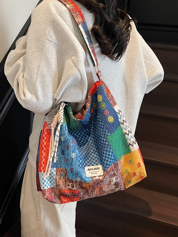 Floral Canvas Crossbody Bag for Women - Large Capacity Ethnic Style Shoulder Tote for Summer 2025, Perfect for Students and Commuting