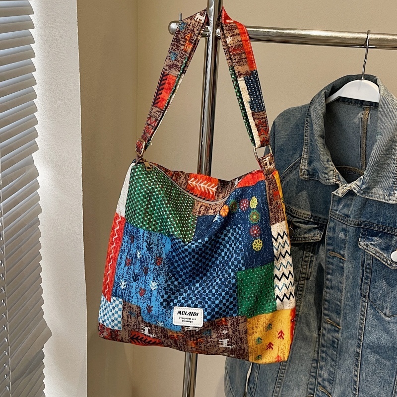 Floral Canvas Crossbody Bag for Women - Large Capacity Ethnic Style Shoulder Tote for Summer 2025, Perfect for Students and Commuting